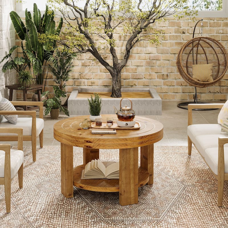 Solid Wood Coffee Table with Shelf Storage, Living Room Center Accent Tea Table