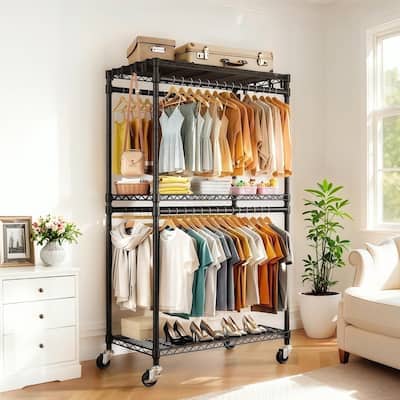 Heavy Duty Rolling Clothes Rack with 3 Shelves & 2 Rails, Black