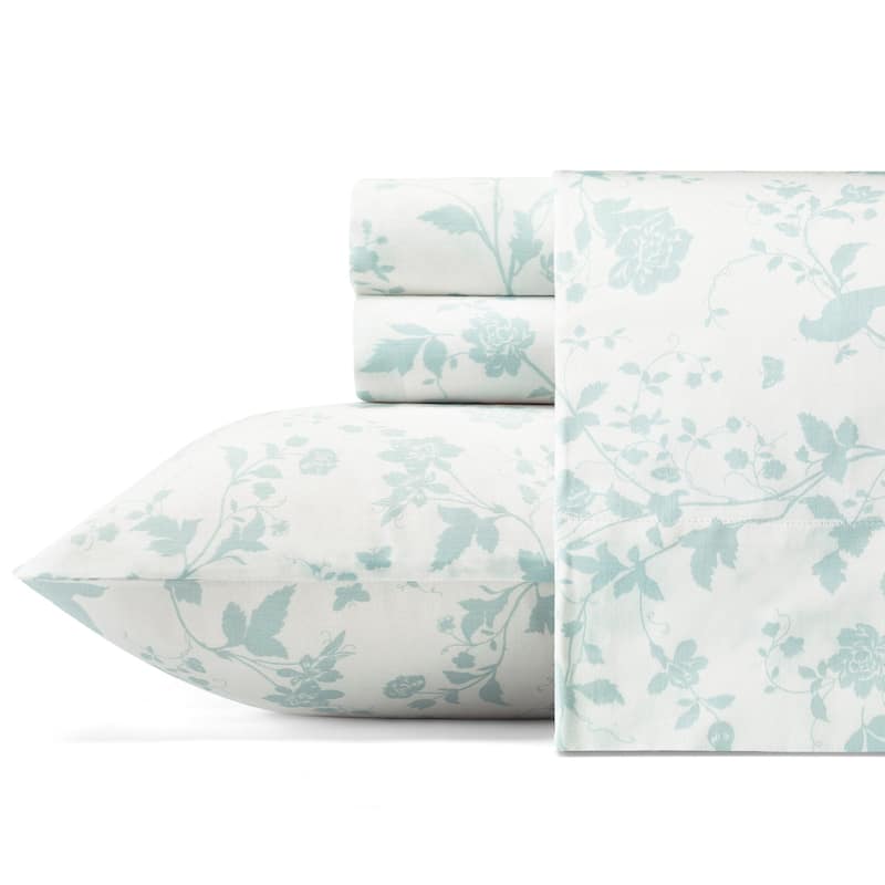 Laura Ashley Soft & Silky Sateen Printed Cotton Sheet Set - Queen - Garden Palace Blue