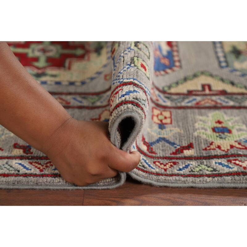 Hand Knotted Oriental 100% Wool Carpet Traditional Geometric Greys & Charcoal Kazak Runner Rug - 13' 3'' X 2' 8''