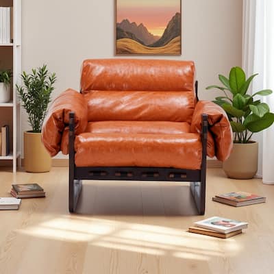Oil-Waxed Leather Lounge Chair with Removable Armrests and Rubberwood Frame