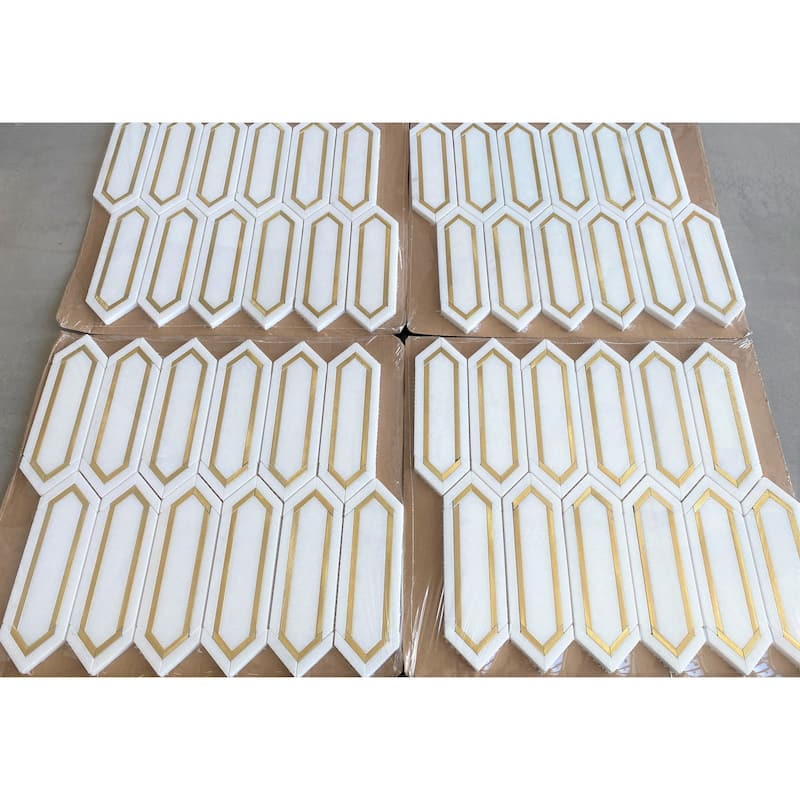 Thassos White and Gold Metal Long HoneyComb Marble Mosaic Tiles - Case (10 Sheets)