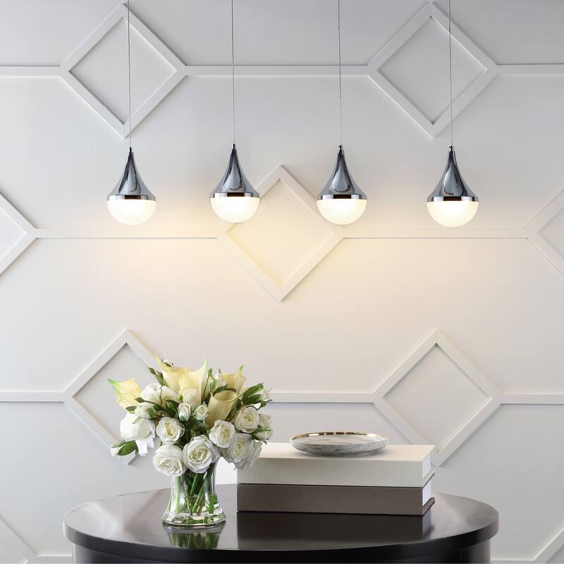 Mario Teardrop Modern Mid-Century Iron/Acrylic Integrated Linear LED Pendant, Chrome/White by JONATHAN Y