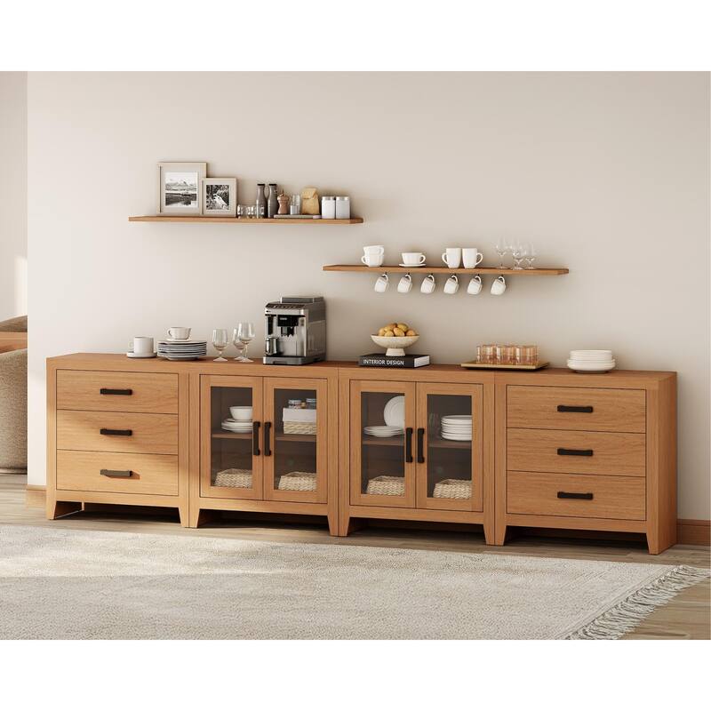 WAMPAT Farmhouse Buffet Cabinet with Glass Doors and Drawers, 4-Piece Modular Sideboard