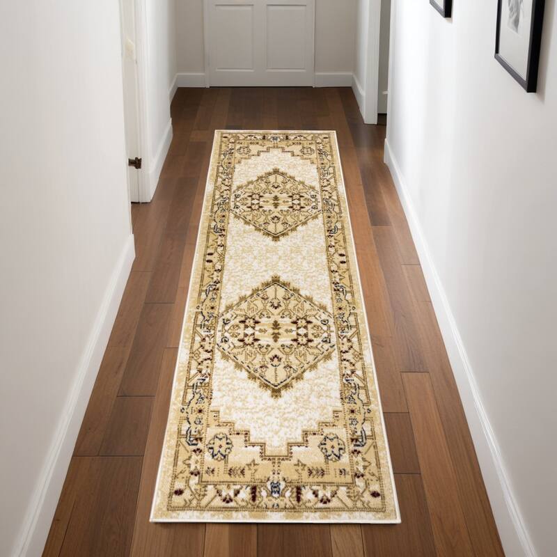 Cinon Power Loomed Distressed Traditional Area Rug By HomeRoots - 90' X '27' X '0.5 - 90' X '27' X '0.5 - Cream/Onyx - Runner