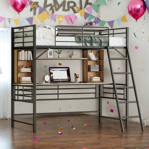 slide 2 of 18, Twin Size Loft Bed with Desk, Metal Bed with Ladder and Storage Shelves Black