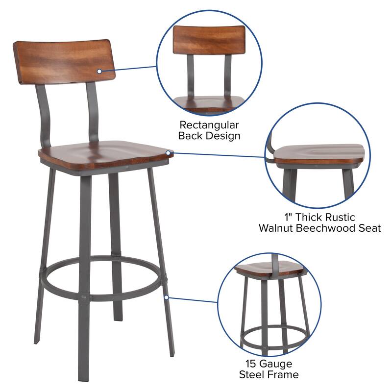 Rustic Walnut Restaurant Barstool with Wood Seat & Back & Gray Powder Coat Frame - 16.25"W x 22.75"D x 45"H