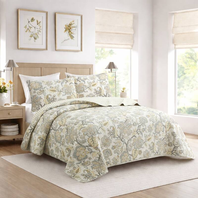 Cozy Line Autumn Floral Foliage Brown Beige Gold Cotton Queen 3 Piece Quilt Bedding Set