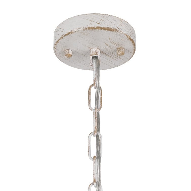 Acroma 4 - Light Whitewashed Drum Chandelier with Palm Leaf Detailing and Fabric Shade