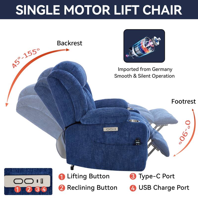 Chenille Power Lift Recliner Chair with Massage and Lumbar Heating, Dual Cup Holders