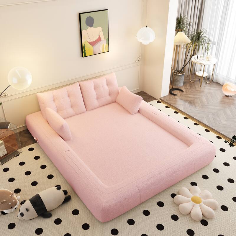 3-in-1 Lazy Loveseat 78.7" Floor Convertible Sofa Bed, Teddy Fabric Couch Sleeper with Pillows for Living Room & Playroom