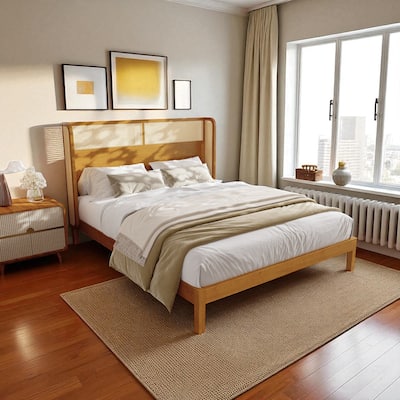 Queen/King Rubber Wood Platform Bed Frame with Headboard, Mid-Century Modern Solid Wood Bed in Natural Finish