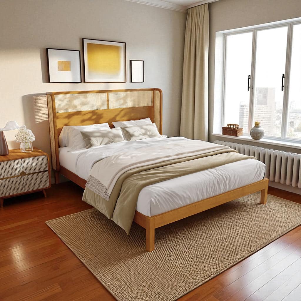 Queen/King Rubber Wood Platform Bed Frame with Headboard, Mid-Century Modern Solid Wood Bed in Natural Finish