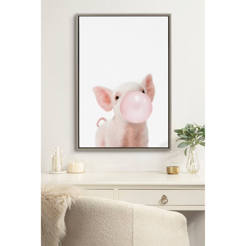 Kate and Laurel Sylvie Bubble Gum Piglet Framed Canvas by Amy Peterson