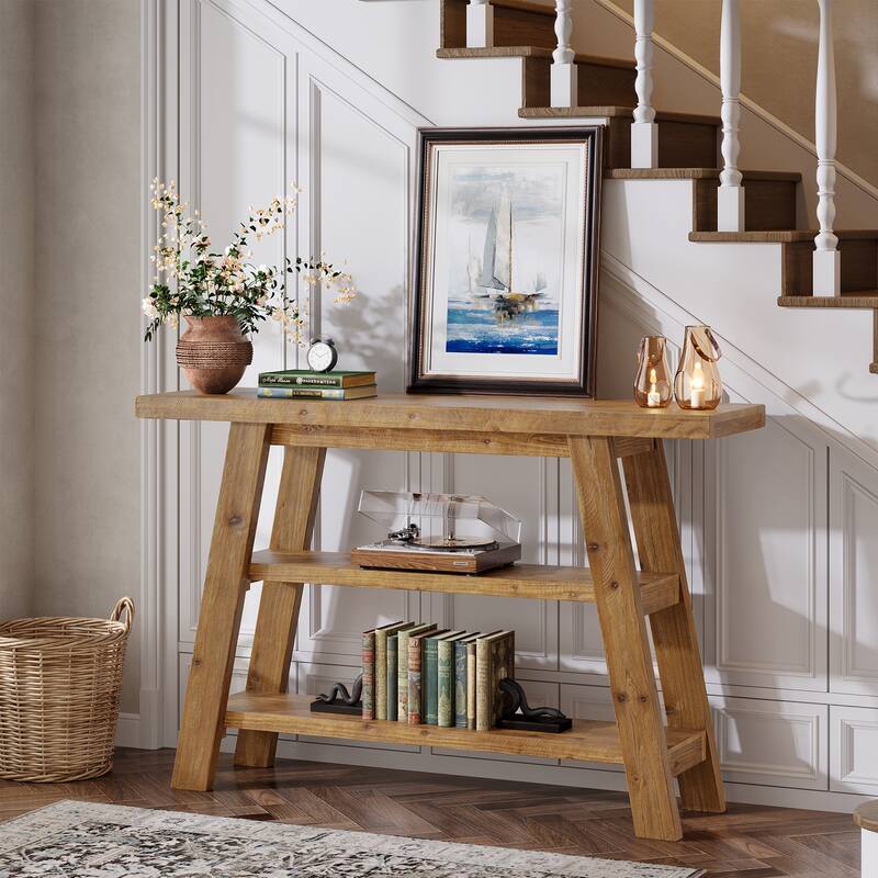 Solid Wood Console Table with 3-Tier Storage Shelves