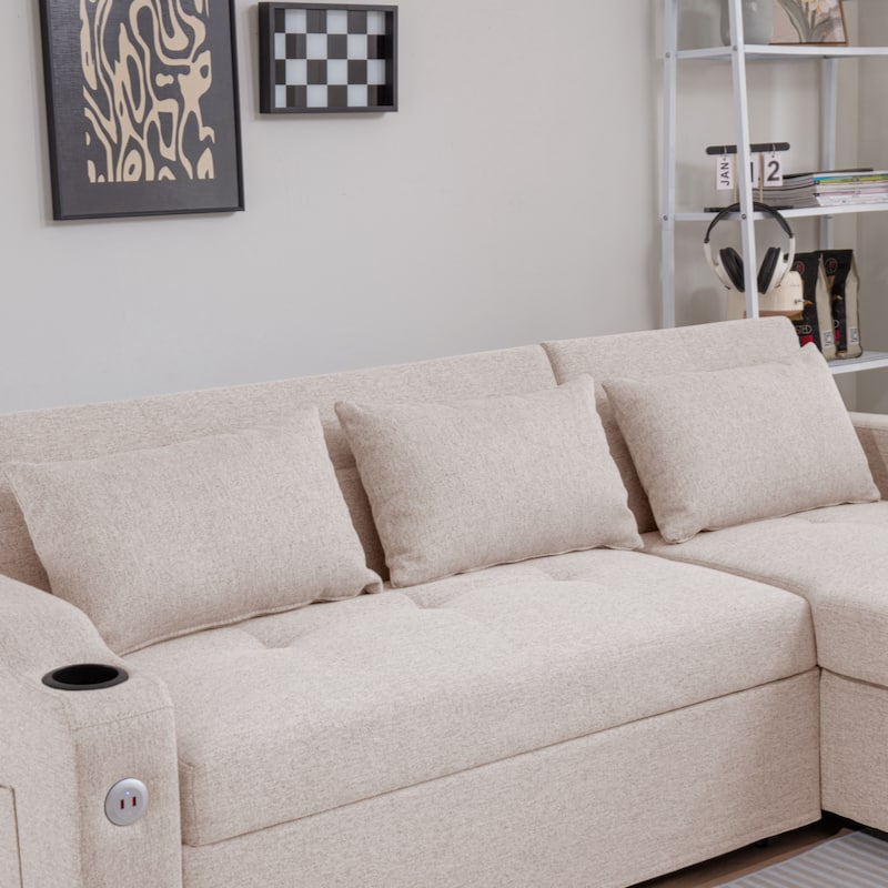 84"Adjustable Backrest Sofa Bed,3 in 1 Linen Sleeper with USB Ports & Cup Holders, Pull Out Couch Bed with Storage Chaise