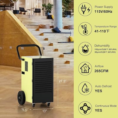 150 pt. Commercial Dehumidifiers with Drain Hose and Water Tank