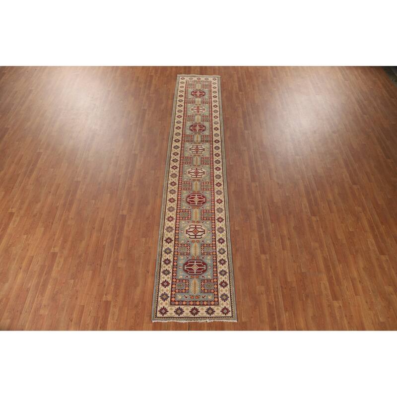 Geometric Kazak Runner Rug Handmade Traditional Blue Wool Carpet - 2'8" x 13'6"