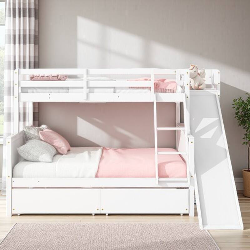 Twin Over Full Bunk Bed with Slide, Storage Drawers & Shelves, Rubber Wood Frame - White