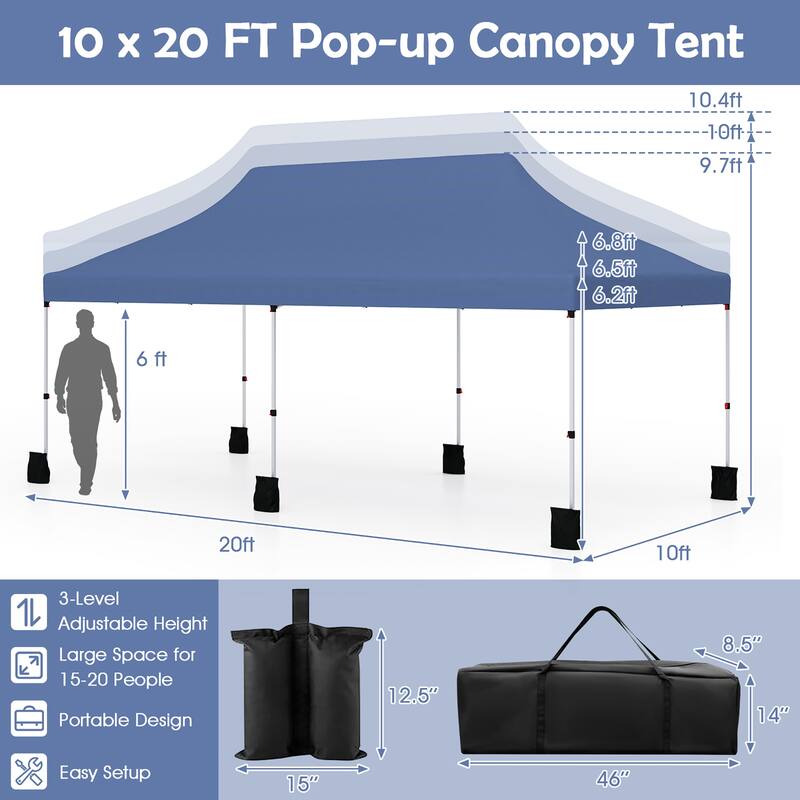 Gymax 10 x 20FT Pop-up Canopy Tent Folding Instant Sun Shelter w/ 3
