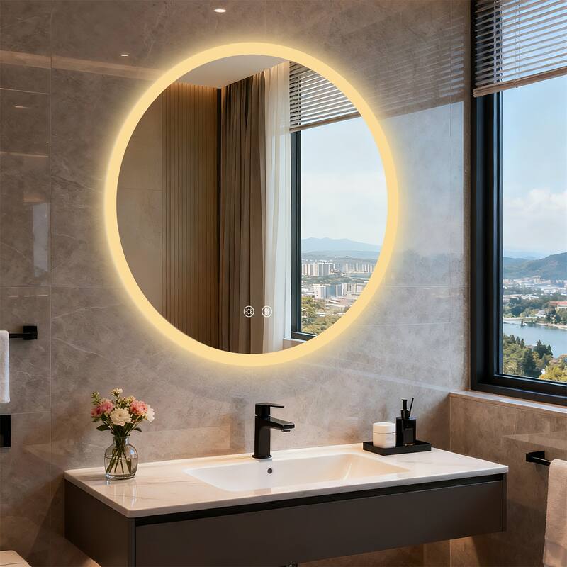Backlit Round LED Lighted Bathroom Mirror Smart Touch Anti-Fog Wall Makeup Mirror with Aluminum Frame