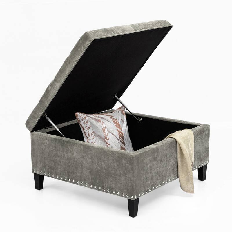 Adeco Large Square Footstool Fabric Storage Ottoman Bench