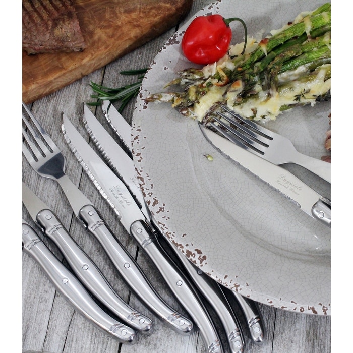 French Home Laguiole Stainless Steel Steak Knife and Fork Set, 8 Piece - Silver