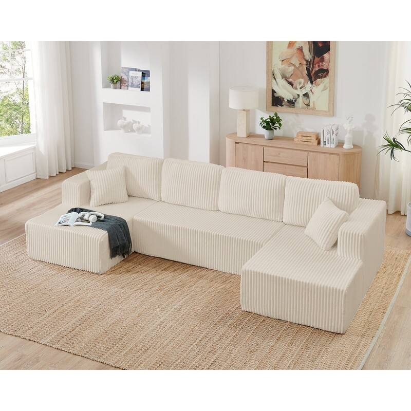 Modern Minimalist U-Shaped Modular Corduroy Sectional Sofa - Compressed, Space-Efficient Sleeper Couch for Living Room & Bedroom