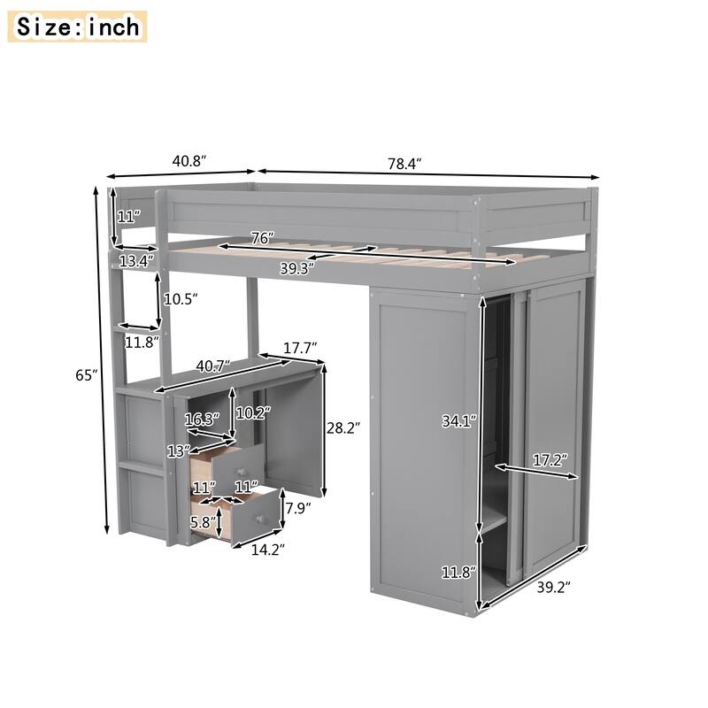 Space-Saving Twin Size Loft Bed with Wardrobe, Desk, and Storage Cabinet