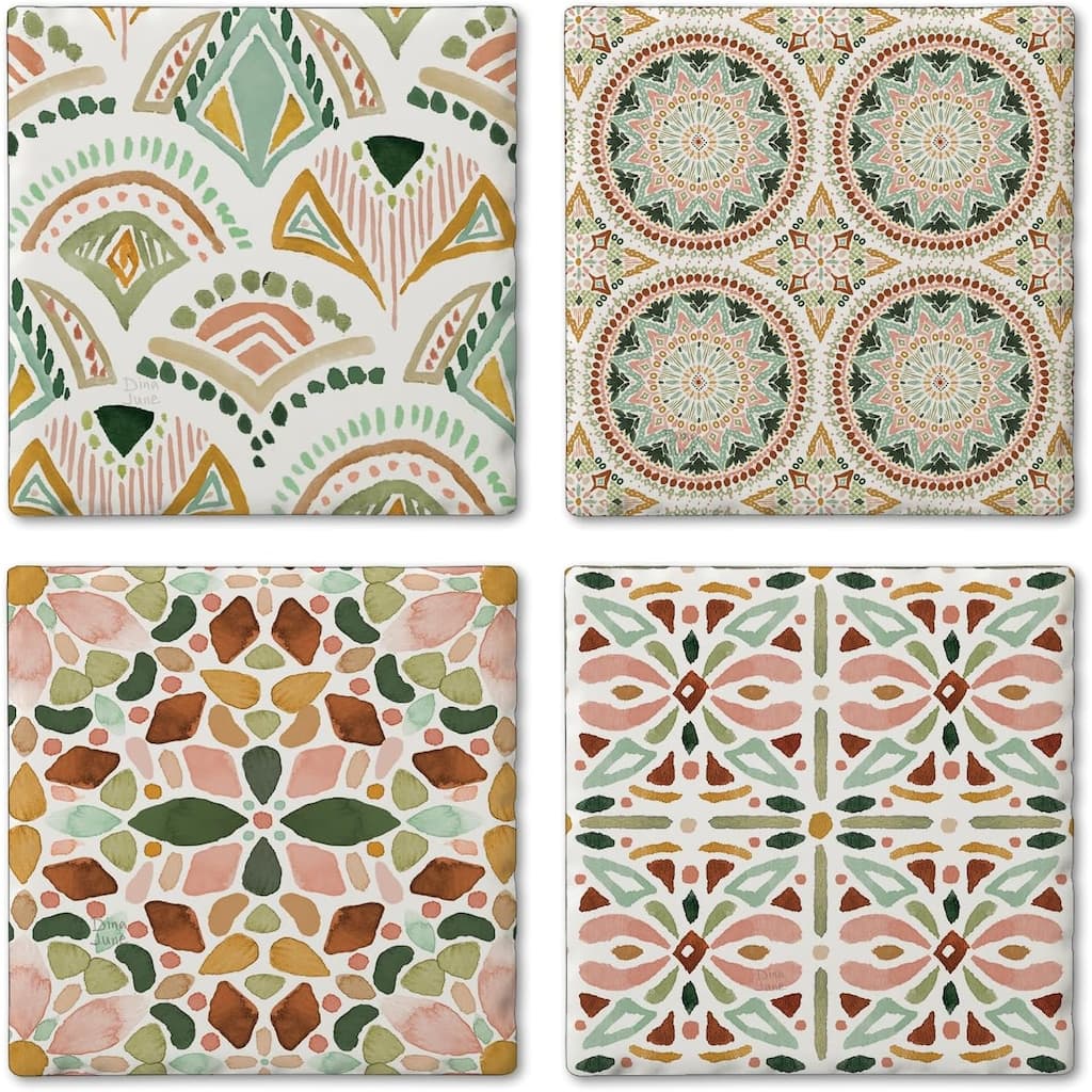 Bohemian Tiles 4-Pack Tumbled Tile Stone Coasters with Protective Cork Backing Manufactured in The USA