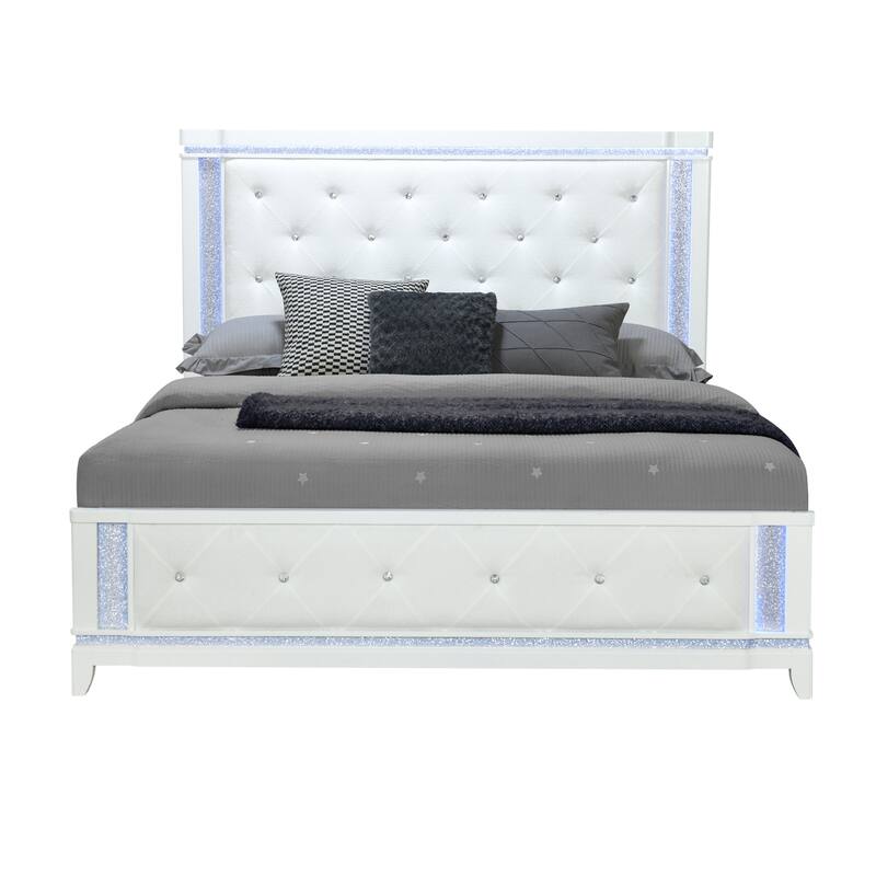 HomeRoots White Faux Crystal Bling Wood And Tufted Cotton Lighted Queen Bed Frame