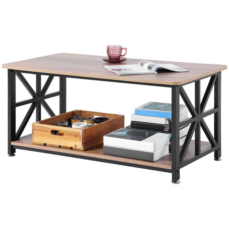2-Tier 40 Inch Rectangle Coffee Table with Open Storage Compartment and Metal Frame - 39.4” x 19.7” x 18.3”
