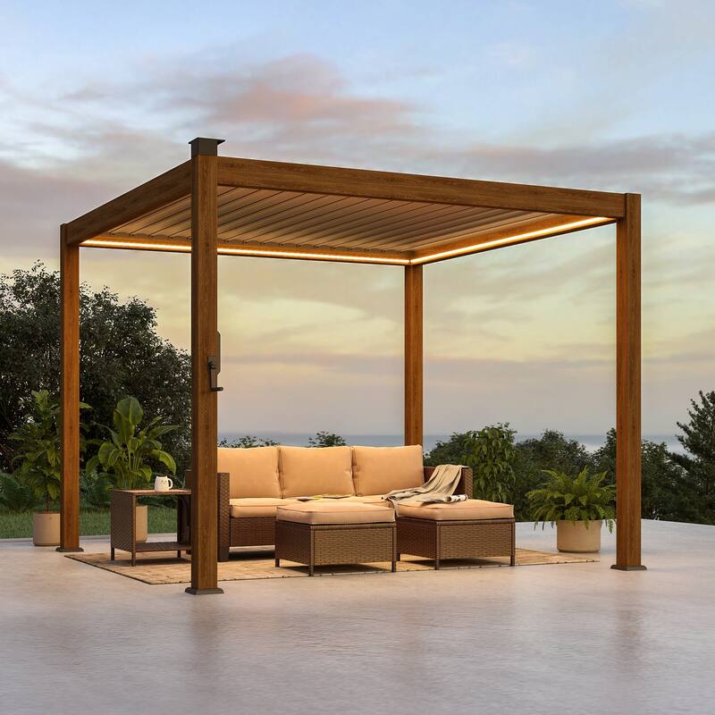 BONOSUKI Solar LED Louvered Pergola with Aluminum Frame for Modern Patio Living - 10' x 10' - Tan