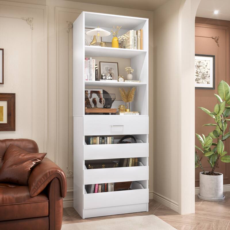21.3" Storage Cabinet Bookshelf with Charging Station and 3 Wood Drawers, Freestanding Closet System with Storage Shelves