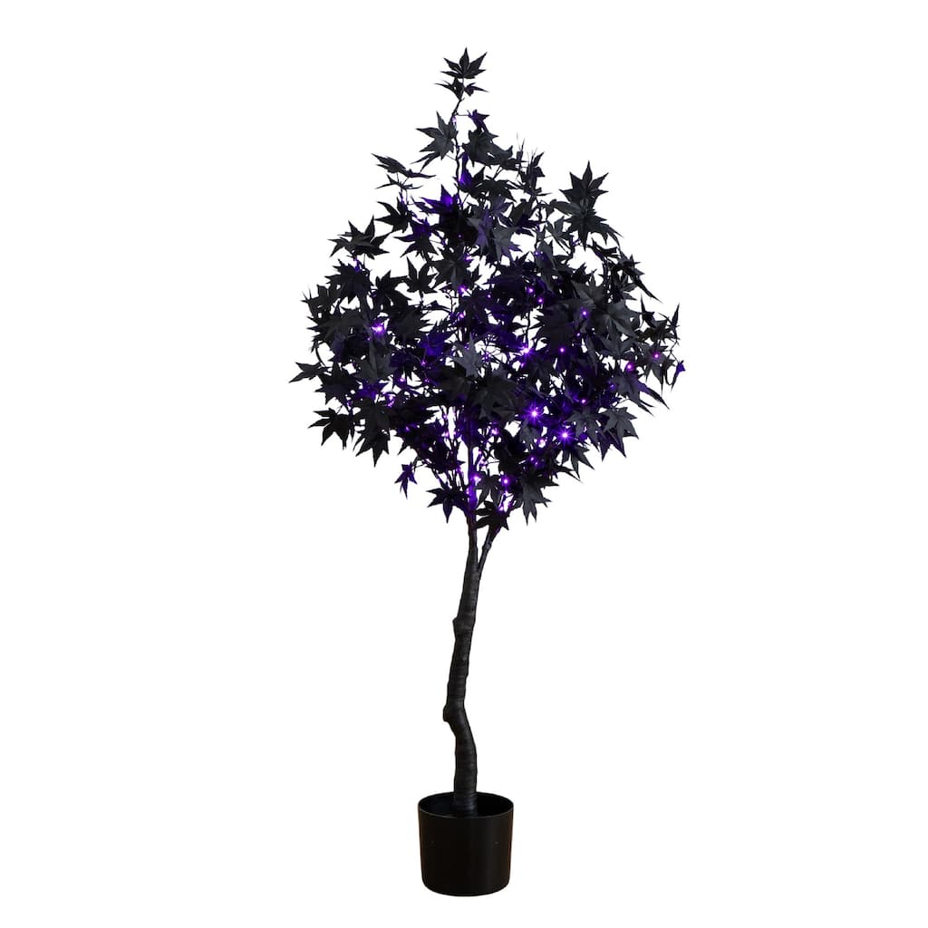 Pre-Lit Black Maple Halloween Artificial Potted Tree - 4' - Multicolor LED Lights