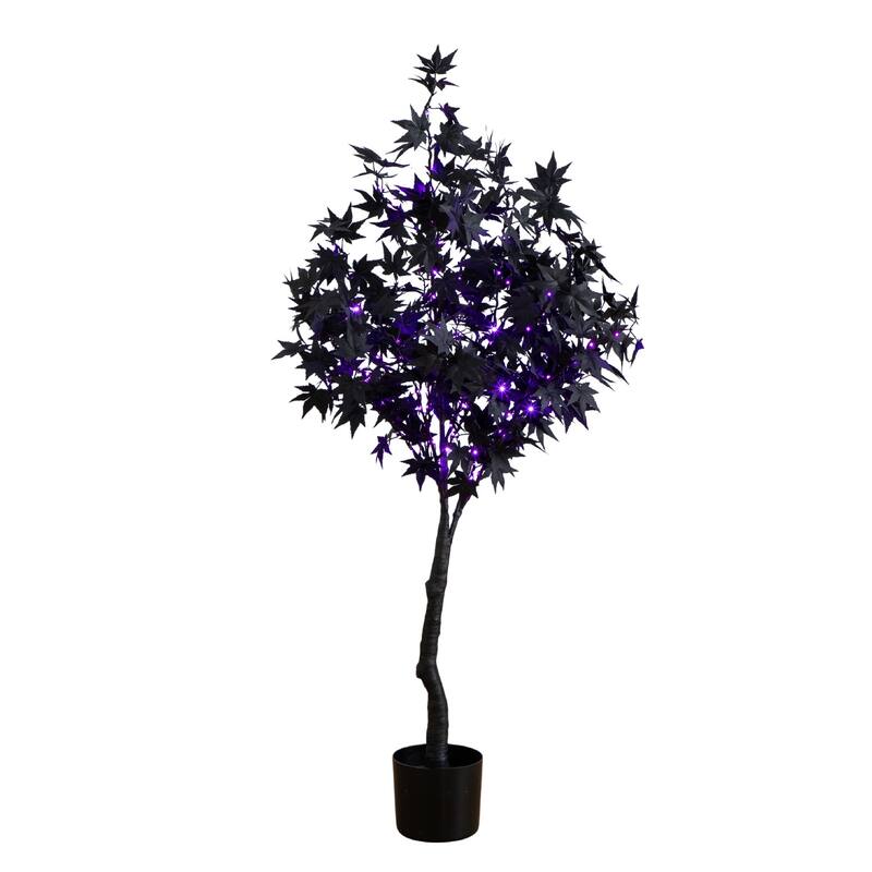 Pre-Lit Black Maple Halloween Artificial Potted Tree - 4' - Multicolor LED Lights
