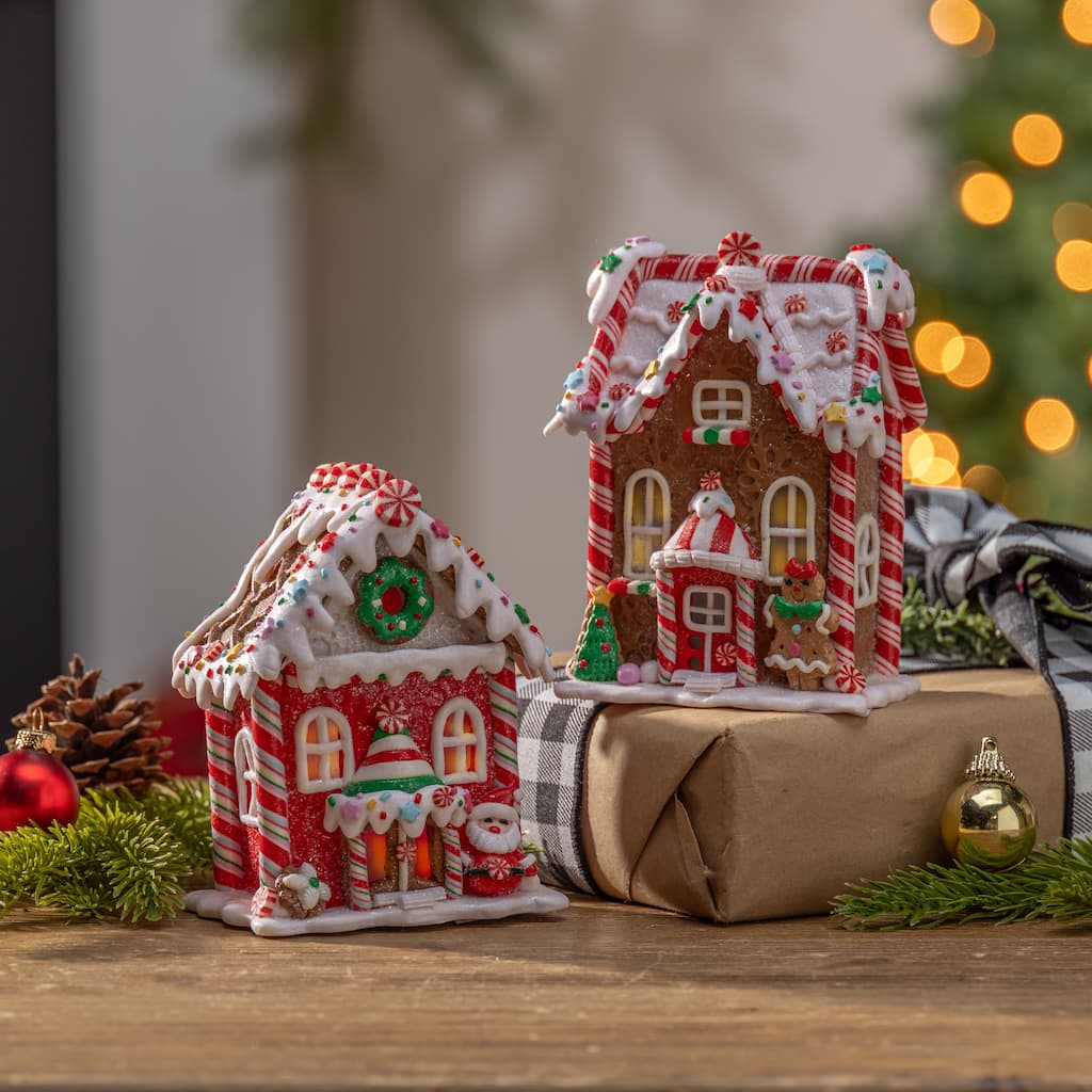 Set of 4 Battery Operated Lighted Clay Dough Holiday Gingerbread Houses
