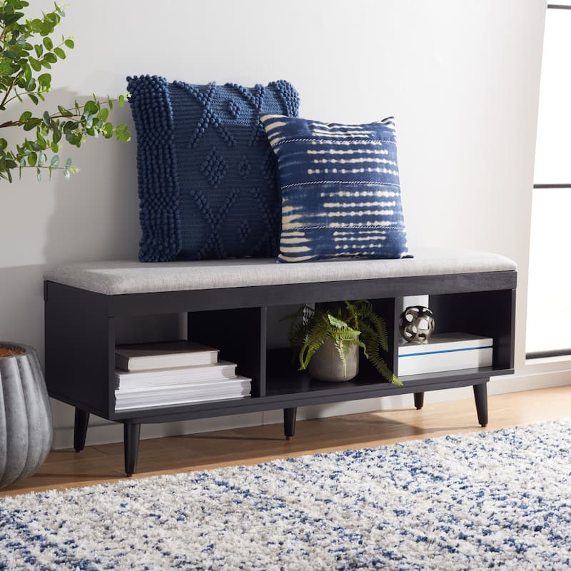 SAFAVIEH Cricket Mid-Century Modern Open Shelf Storage Bench with Cushion