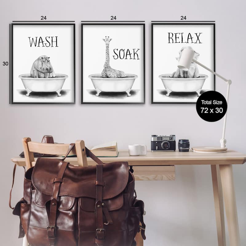 Stupell Wash Soak And Relax Jungle Animal Bath Tub, 3pc Multi Piece Framed Wall Art Set, 3pc Set