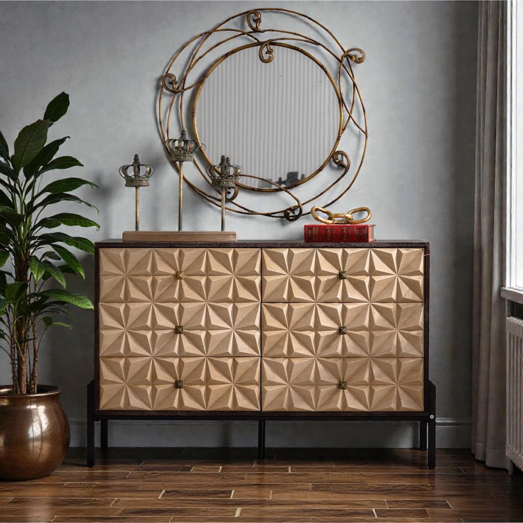 48.21" Mid-Century Modern 6-Drawer Sideboard with 3D Diamond Fronts, Solid Wood & MDF Console Table