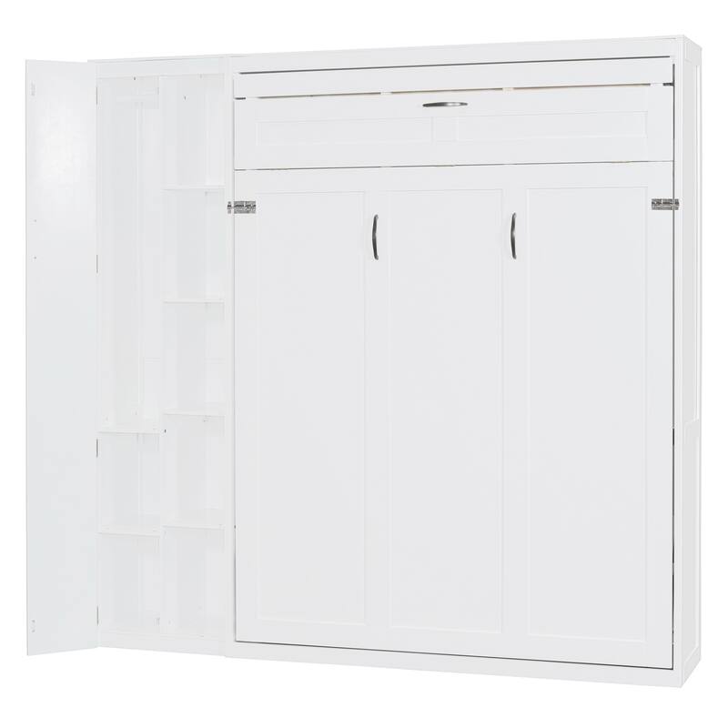 Space-Saving Full Size Wall Bed with Shelves, Wardrobe, and LED Lights, White
