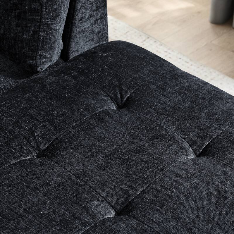 Chenille L-Shaped Sectional Sofa with Chaise & Storage Ottoman, Corner Sofa with 2 Pillows, Metal Legs & Copper Nails