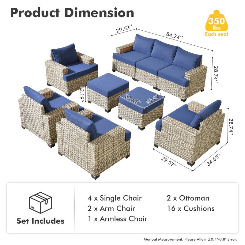 OVIOS 9 Pieces T shaped Seat Wide Armrest Set With Ottoman