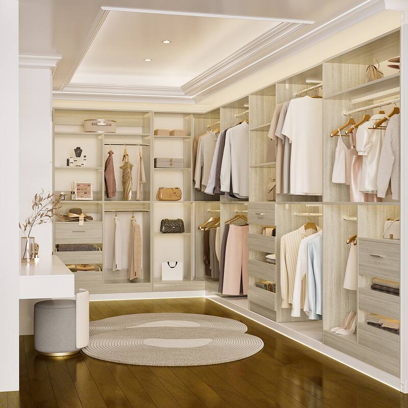 Qvella 72''-204'' Corner Closet System with 10 Wooden Drawers and 10 Hanging Rods, Walk-in Closet Organizer Wardrobe Rack