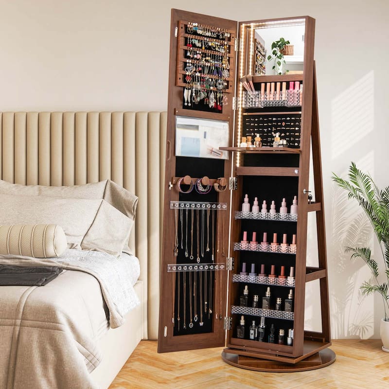 Costway 360° Swivel Jewelry Cabinet Organizer 3-Color LED Mirror with - See Details