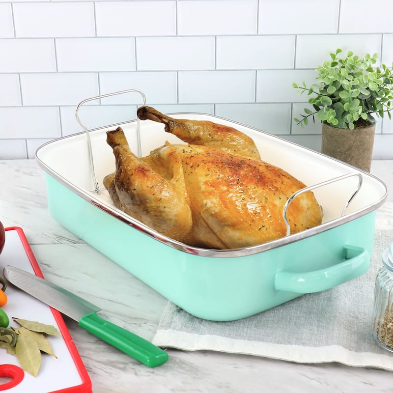 Martha Stewart 16 Inch Enamel on Steel Roasting Pan Cookware in Mint