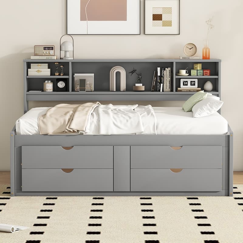 Full Size Wood Daybed with 2 Bedside Cabinets, Upper Shelves and 4 Drawers, Gray - Gray