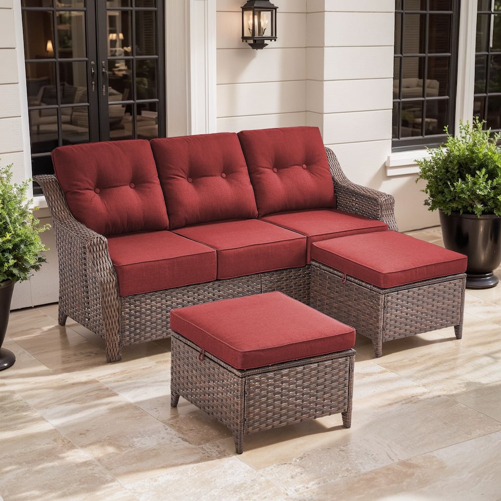 Artisan 3-Seat Wicker Patio Sofa with 6-Inch Thick Cushions and 2 Ottomans