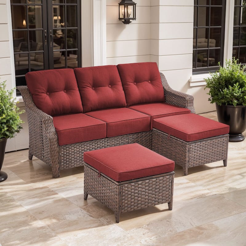Artisan 3-Seat Wicker Patio Sofa with 6-Inch Thick Cushions and 2 Ottomans - Red - Brown Wicker