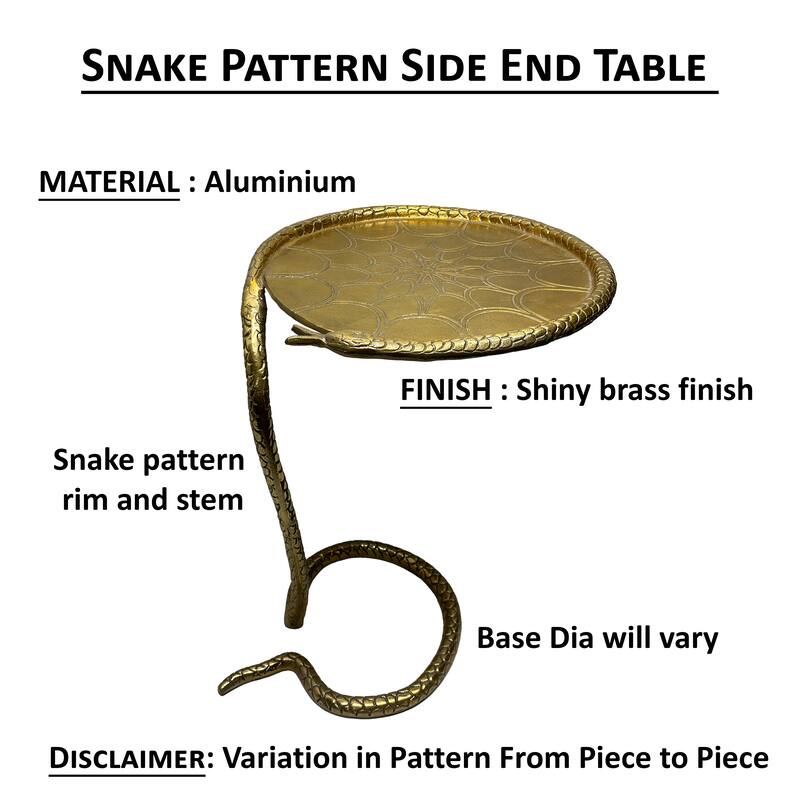 22 Inch Side End Table, Handcrafted Textured Snake Skin Pattern Base, Brass Aluminum